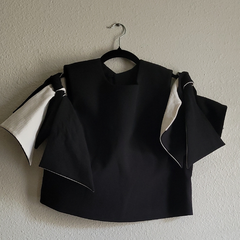 Milly Black Textured Dress Top with White Tag Detail